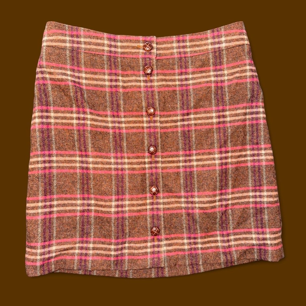 Talbots Petite Plaid Wool Blend Button Front Skirt Size 14P Brown Pink